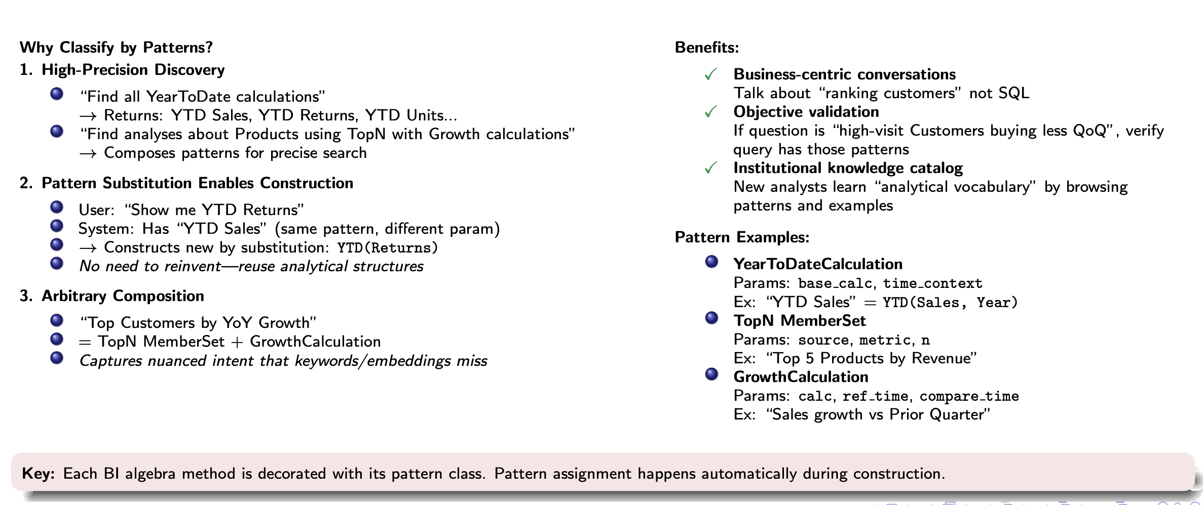 Analysis Patterns as the semantic glue between natural language and executable queries